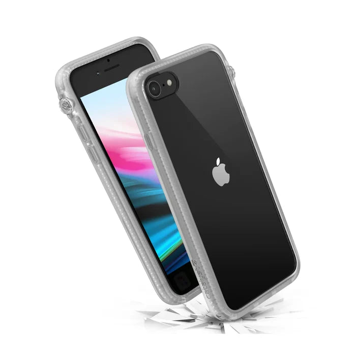 The Catalyst Case US Impact Protection Case for iPhone SE (Gen 3/2), 8, and 7 is shown in clear black, displaying the Apple logo. Its rugged MIL-STD 810G design offers drop-proof protectionÃƒÂ¢Ã¢â€šÂ¬Ã¢â‚¬Âglass shards emphasize its impact resistance.