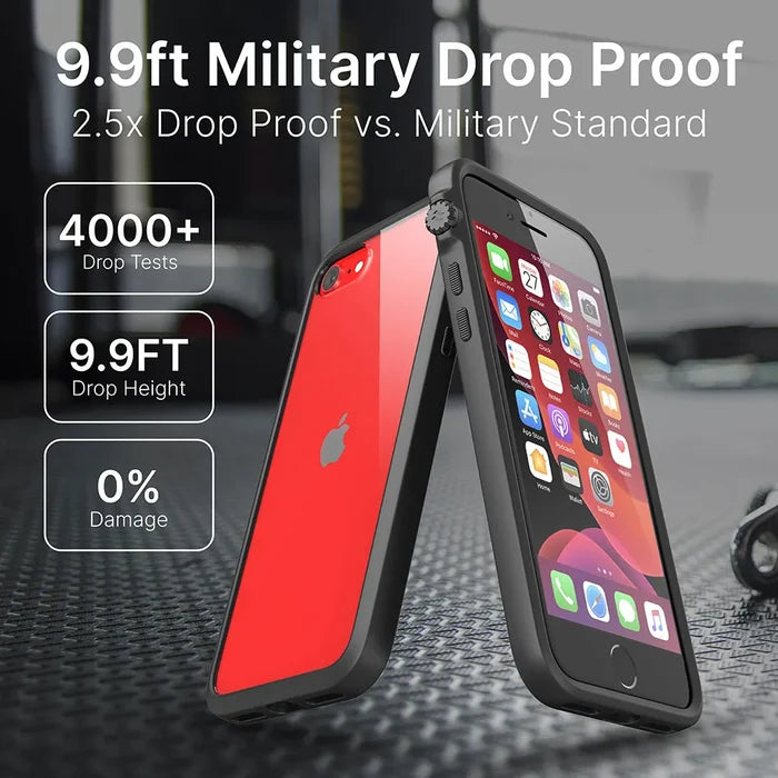 Two iPhone SE (Gen 3/2), 8, or 7 phones with Catalyst Case US Impact Protection Cases lean together—one displays the screen, the other a red back. Text: "9.9ft Military Drop Proof," "4000+ Drop Tests," and "0% Damage" on blurred background.