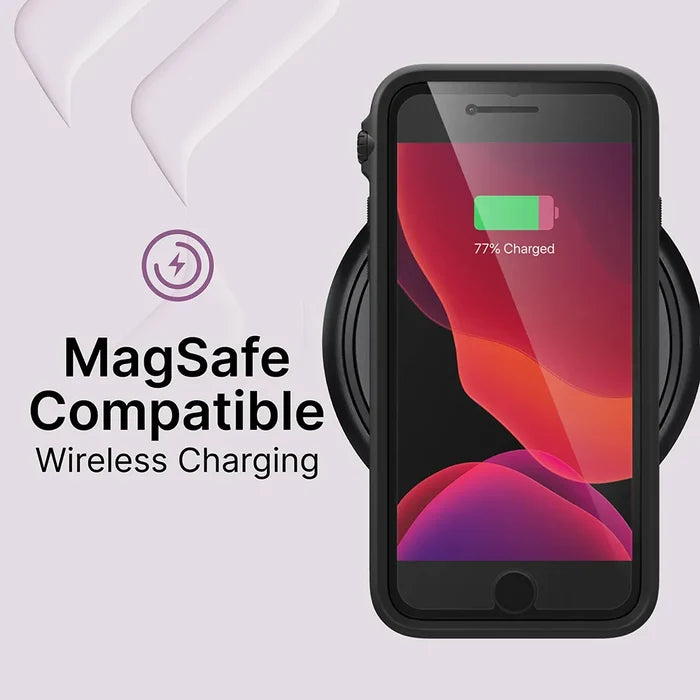 The Catalyst Case US Impact Protection Case for iPhone SE (Gen 3/2), 8, or 7 is shown in black, wirelessly charging with MagSafe. The phone screen shows a 77% charged battery icon. "MagSafe Compatible Wireless Charging" appears on the left.