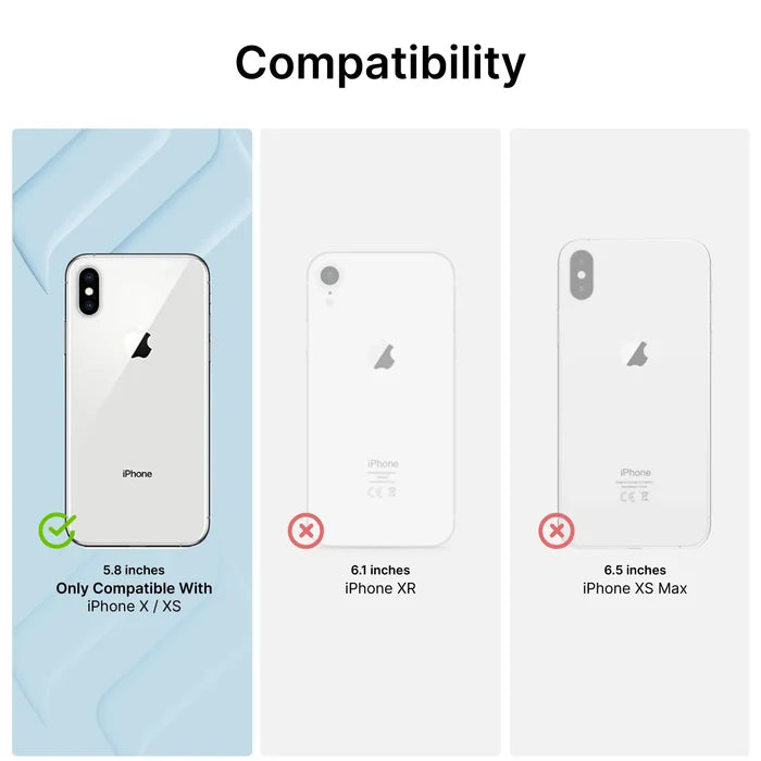 A chart shows the Catalyst Case US iPhone X / Xs - Impact Protection Case is compatible with iPhone X/XS (5.8”), but not with iPhone XR (6.1”) or iPhone XS Max (6.5”), indicated by a green check and red X marks, respectively.