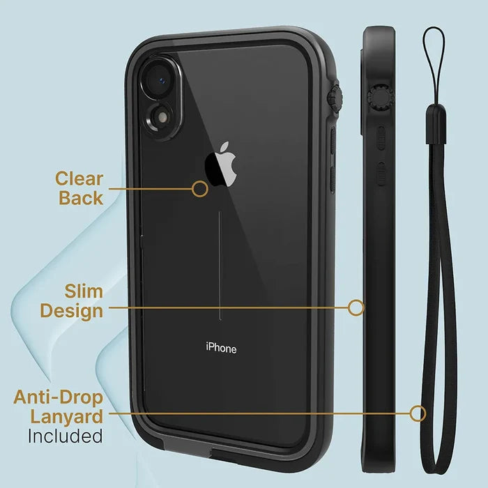 Image of the Catalyst Case US iPhone XR Waterproof Case with a clear back, slim profile, and anti-drop lanyard. The phone is displayed from back and side views, with features labeled on a light blue background.