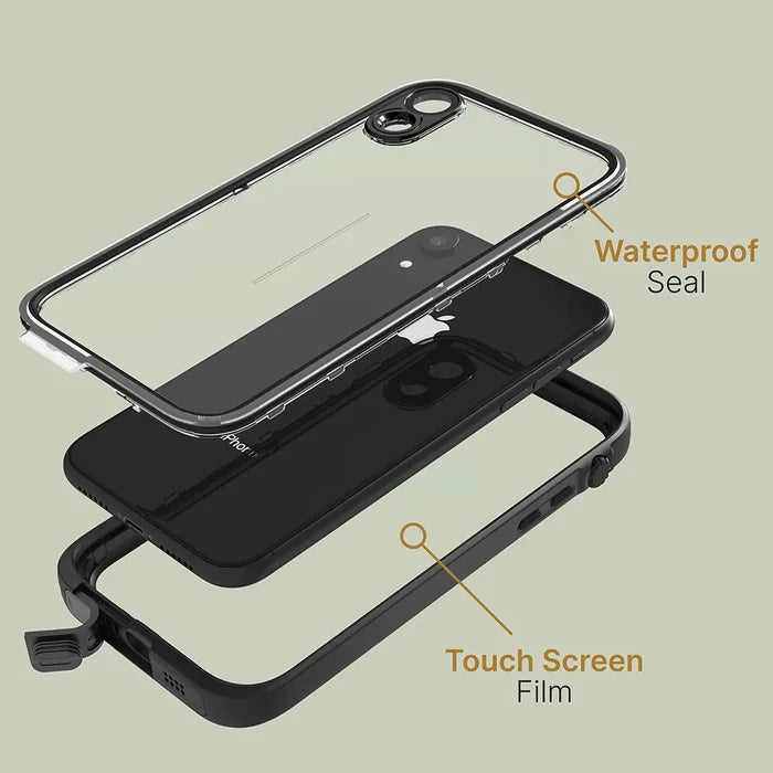 Exploded view of the Catalyst Case US iPhone XR - Waterproof Case shows three layers: a clear top with “Waterproof Seal,” the phone in the center, and a black bottom frame labeled “Touch Screen Film,” set on a light gray background.