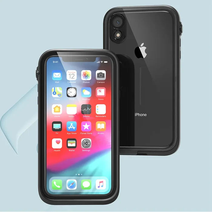 Two iPhone XR devices in black Catalyst Case US waterproof cases: one shows the home screen, the other displays the Apple logo. The background is light blue with a semi-transparent curved shape behind the phones.