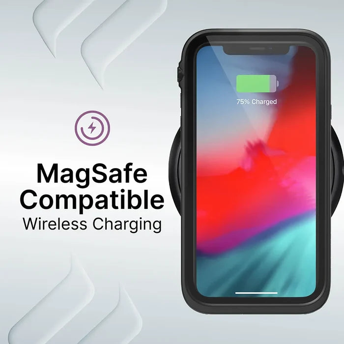 An iPhone XR with a vibrant display shows a 75% battery while charging wirelessly in a Catalyst Case US waterproof case. Text: "MagSafe Compatible Wireless Charging." Silver background with abstract white shapes and a purple charging icon.