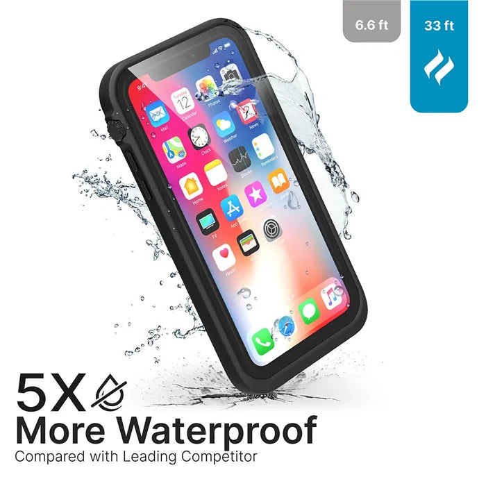 An iPhone Xs in a rugged black Catalyst Case US waterproof case is splashed with water. Text reads “5X More Waterproof vs Leading Competitor.” Icons show waterproof up to 33 ft versus 6.6 ft. The phone displays colorful app icons.