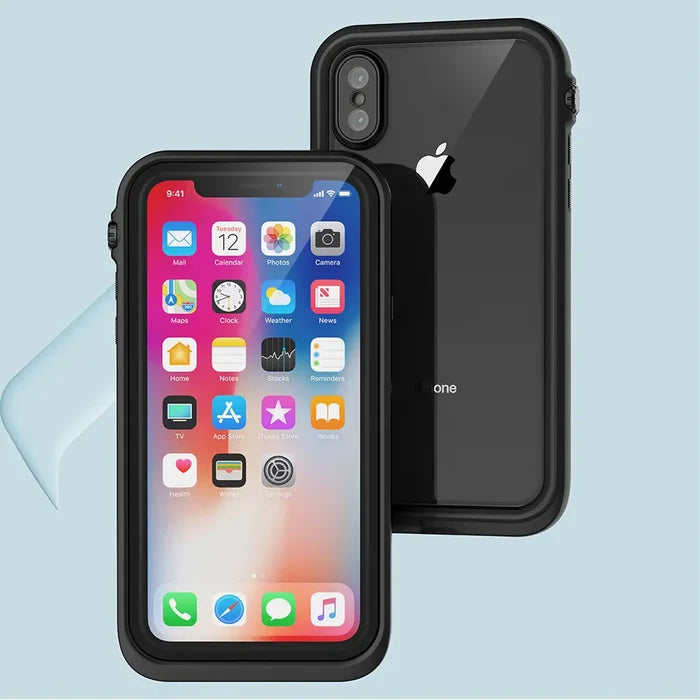 Two iPhone Xs devices are shown with Catalyst Case US waterproof cases—one displays the home screen, the other shows the glossy black back with dual camera and Apple logo. A screen protector floats nearby on a light blue background.