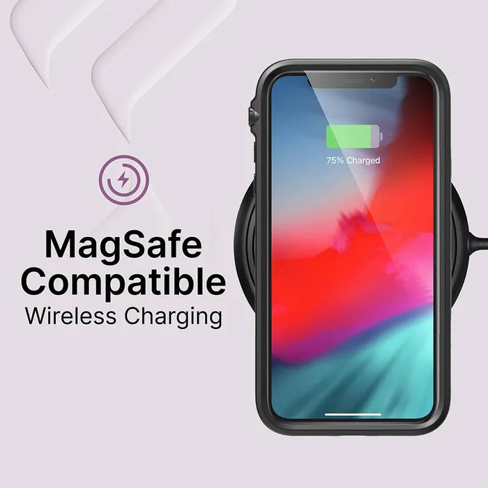 An iPhone Xs Max in a Catalyst Case US Impact Protection Case shows “75% Charged” on its vibrant screen while resting on a MagSafe compatible wireless charging pad. A circular charging icon appears above, set against a light purple background with white accents.