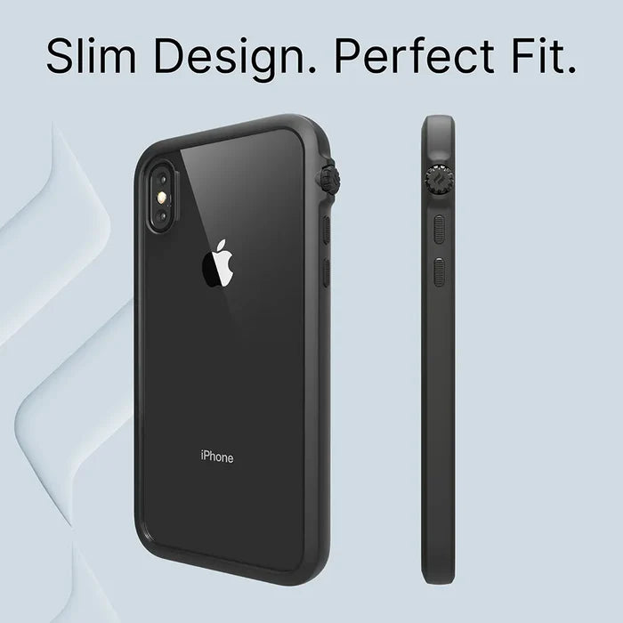 The Catalyst Case US iPhone Xs Max - Impact Protection Case, shown in black with reinforced corners, features a slim profile and perfect fit. The Apple logo and camera are visible. Text above reads, “Slim Design. Perfect Fit.”.