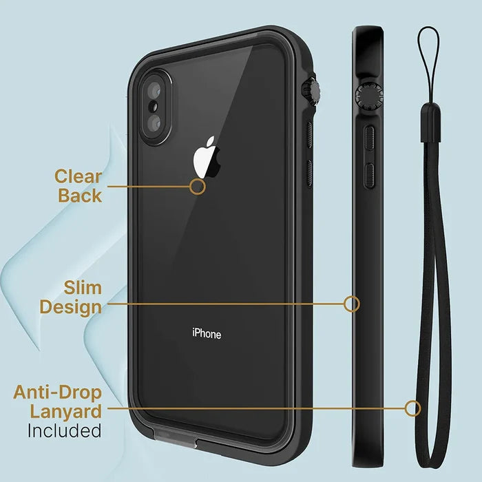 Image of Catalyst Case US iPhone Xs Max Waterproof Case in black with a clear back, shown from the back and side. Features labeled: “Clear Back,” “Slim Design,” and “Anti-Drop Lanyard Included” with lanyard attached on right side.