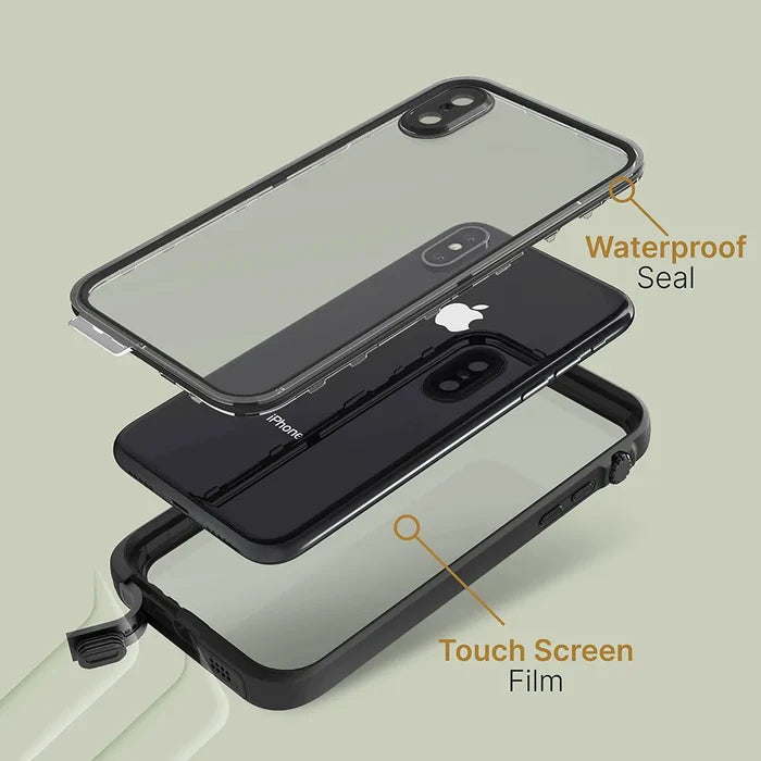 An exploded view of the Catalyst Case US iPhone Xs Max Waterproof Case shows three layers: a clear "Waterproof Seal" top, the iPhone Xs Max, and a black "Touch Screen Film" bottom on a light green background.