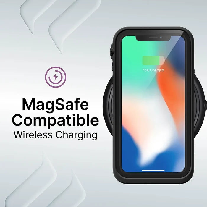 An iPhone Xs Max in a black Catalyst Case US waterproof case rests on a MagSafe wireless charger. The screen shows 75% charged. Left text: "MagSafe Compatible Wireless Charging" with a charging icon above, geometric shapes behind.