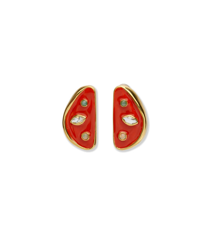 Isola Stud Earrings in Melon. Pair of melon slice shaped stud earrings in red enamel with gold and inset semiprecious stones