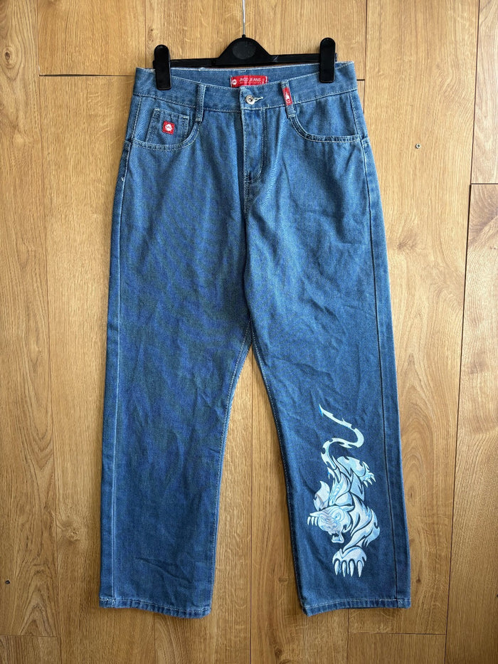 JNCO Jeans Baggy Tiger Graphic Denim Y2K Skater Blue Jeans Medium