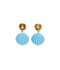 Kai Earrings in Pool. Faceted orange glass round tops with bight blue carved resin shell drops