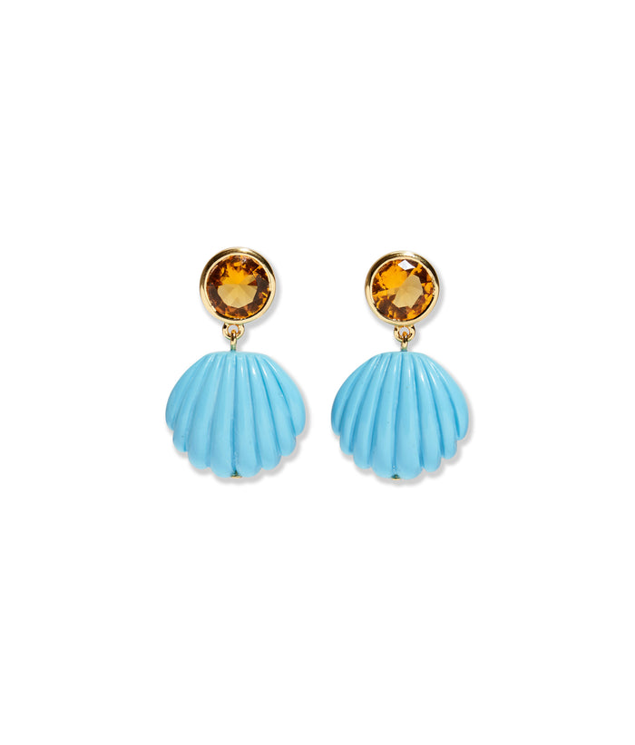 Kai Earrings in Pool. Faceted orange glass round tops with bight blue carved resin shell drops