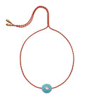 Kai Necklace in Red Hot. Red cord with blue carved resin shell inlaid with mother-of-pearl cabochon