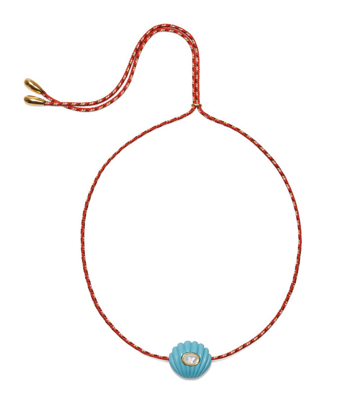 Kai Necklace in Red Hot. Red cord with blue carved resin shell inlaid with mother-of-pearl cabochon