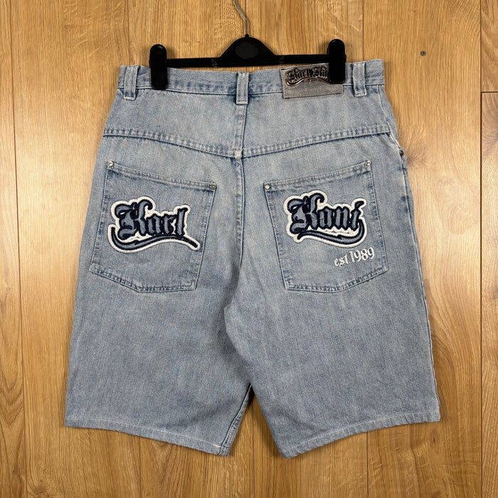 Karl Kani Light Wash Embroidered Baggy Denim Shorts Blue Y2K Skater Size M W30