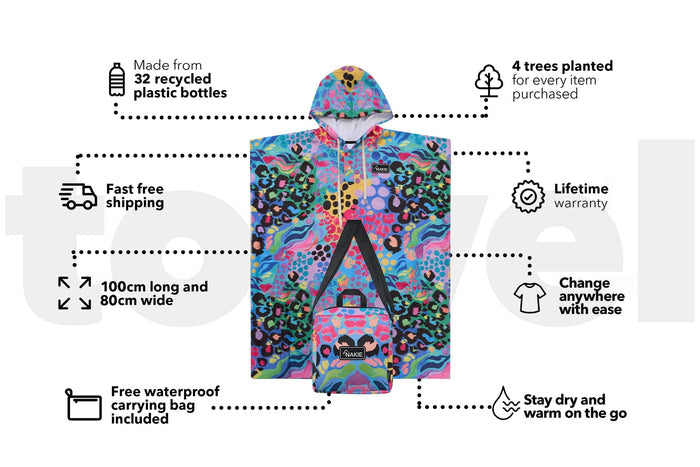 Colorful rainbow leopard print hooded towel with black trim and hood, displayed flat with product features.