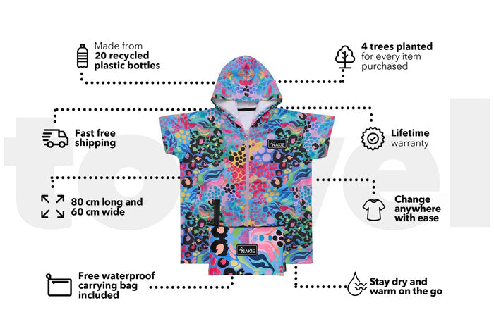 Kasey Rainbow kids hooded towel with vibrant multicolored geometric pattern, short sleeves, and attached hood.