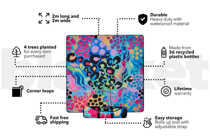 Colorful abstract patterned picnic blanket with corner loops and carrying strap, 2m x 2m.