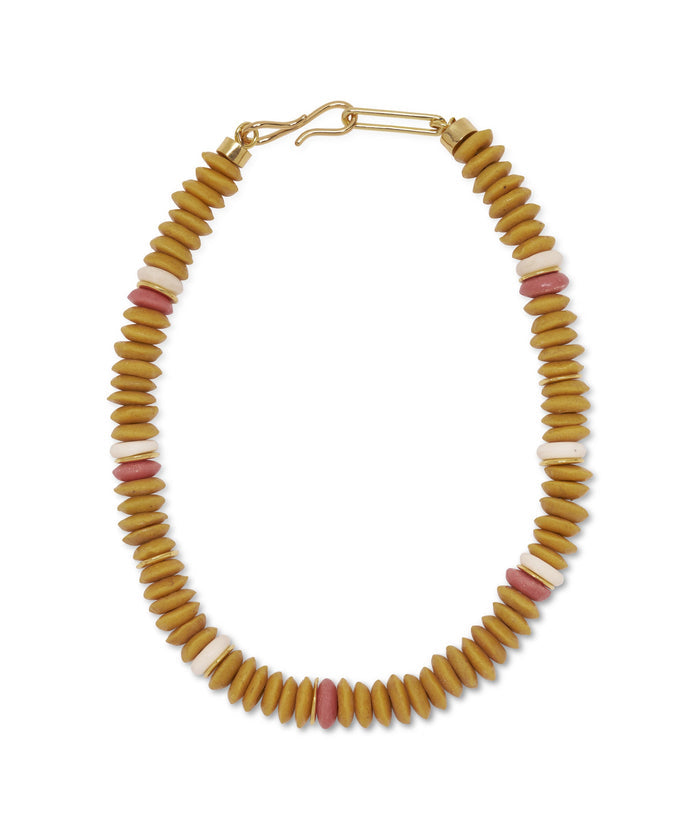 Laguna Neckace in Mustard. Single strand of African glass beads in deep yellow, with pink and white accents.