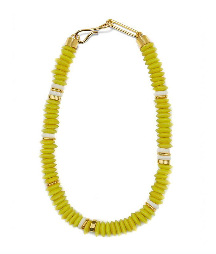 Laguna Necklace in Electric Neon Yellow. Single strand of bright yellow AFrican glass beads with gold and white accents