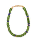 Laguna Necklace in Pistachio. Single strand of green African glass beads with gold and cobalt accents