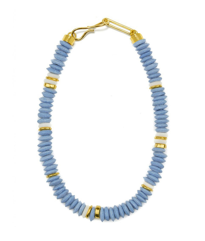 Laguna Necklace in Sky Blue. Single strand of light blue African glass beads with white and gold accents