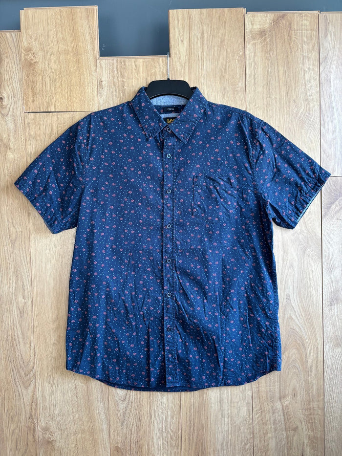 Lee Premium Select Floral Print Short Sleeve Shirt Men's Large Navy Stretch
