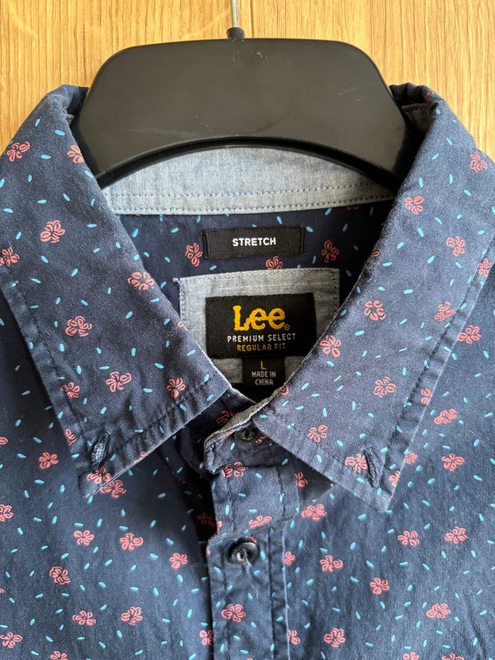 Lee Premium Select Floral Print Short Sleeve Shirt Men's Large Navy Stretch