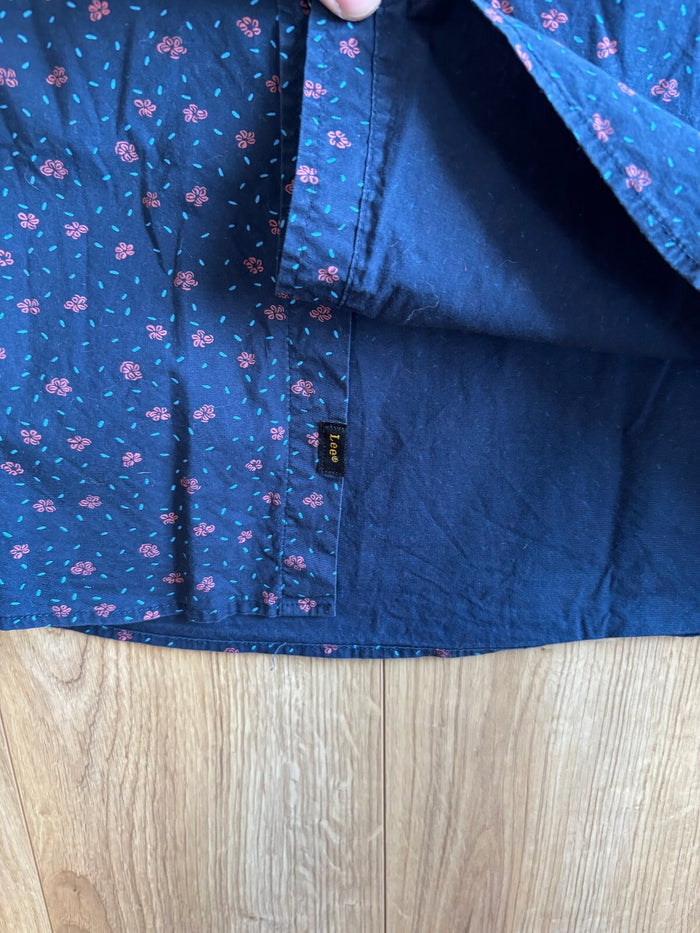 Lee Premium Select Floral Print Short Sleeve Shirt Men's Large Navy Stretch