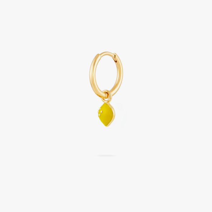 This image shows a 14k gold plated huggie with a yellow lemon charm.