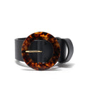 Louise Belt in Black. Wide black leather belt with large round tortoiseshell buckle.