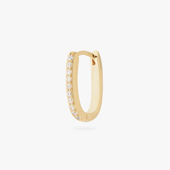 a gold medium oval hoop that has one side pave color:null|gold/clear