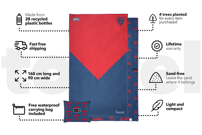 Red and navy AFL Melbourne Demons beach towel with geometric design and carrying pouch, 160cm x 90cm.