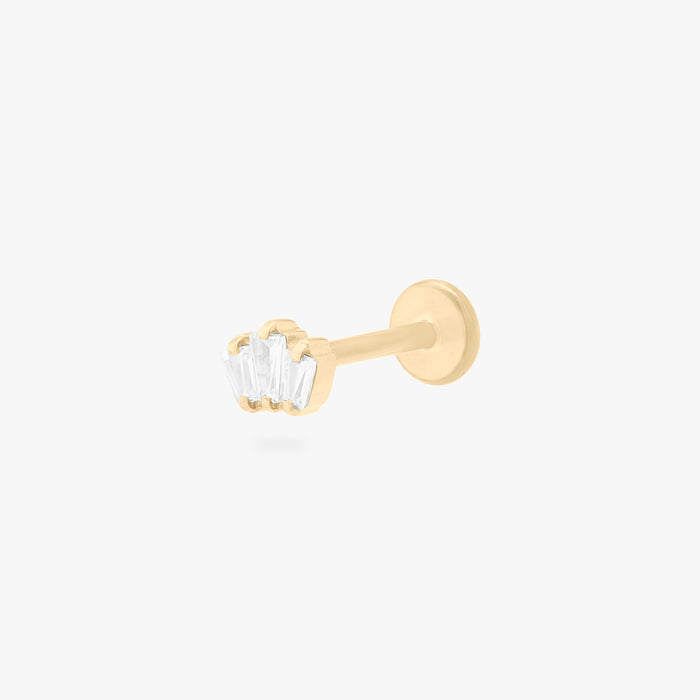 This is an image of a gold-toned flatback stud that is micro baguette shaped CZ's in a crown shape. color:null|gold/clear