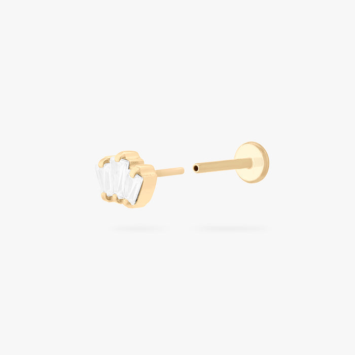 This is an image of a gold-toned flatback stud that is micro baguette shaped CZ's in a crown shape. color:null|gold/clear