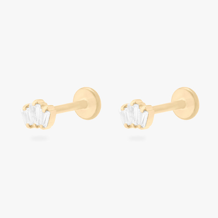 This is an image of a pair of gold-toned flatback studs that consist of micro baguette shaped CZ's in a crown shape. [pair] color:null|gold/clear