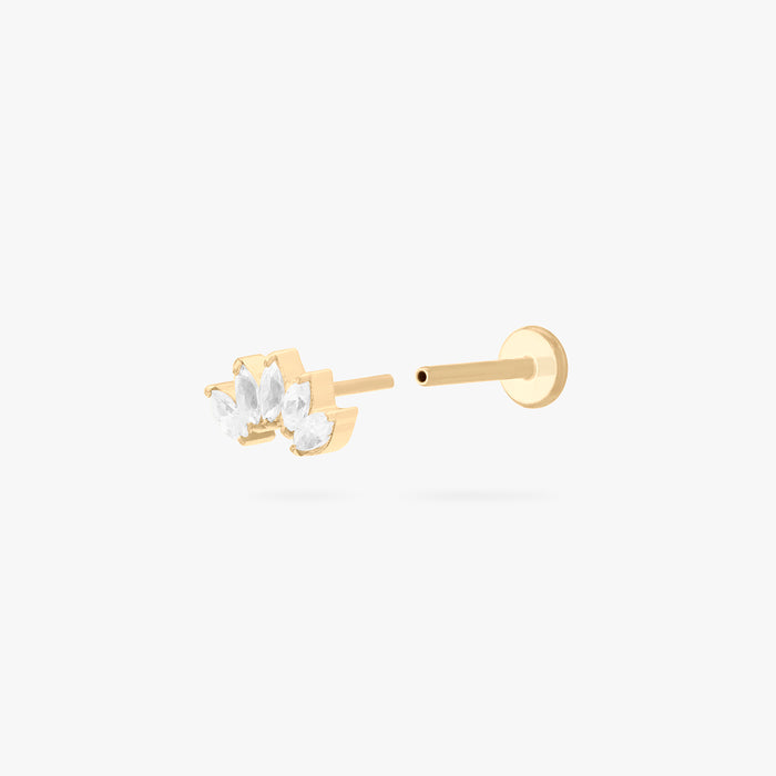 This is an image of a micro-sized gold toned stud with CZ's in a crown marquise shape. color:null|gold/clear