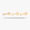 This Micro Starter Set includes a micro cz flatback stud, a pave x flatback stud, and a micro twinkle cz flatback stud. All of these styles are gold-toned and include clear cz stone accents.