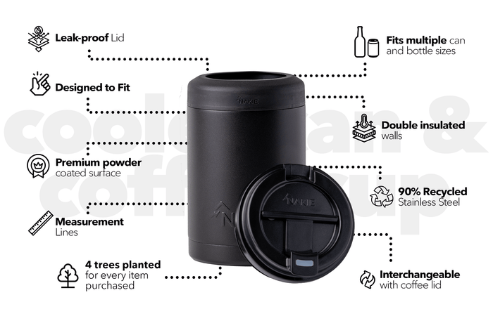 Midnight black insulated coffee cup lid with leak-proof design, shown with detachable lid and product feature callouts