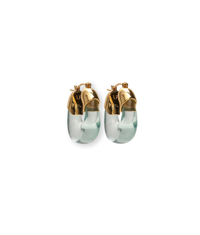 Mini Organic Hoops in Aqua. Hoop earrings with gold-plated brass and light aqua-colored resin.