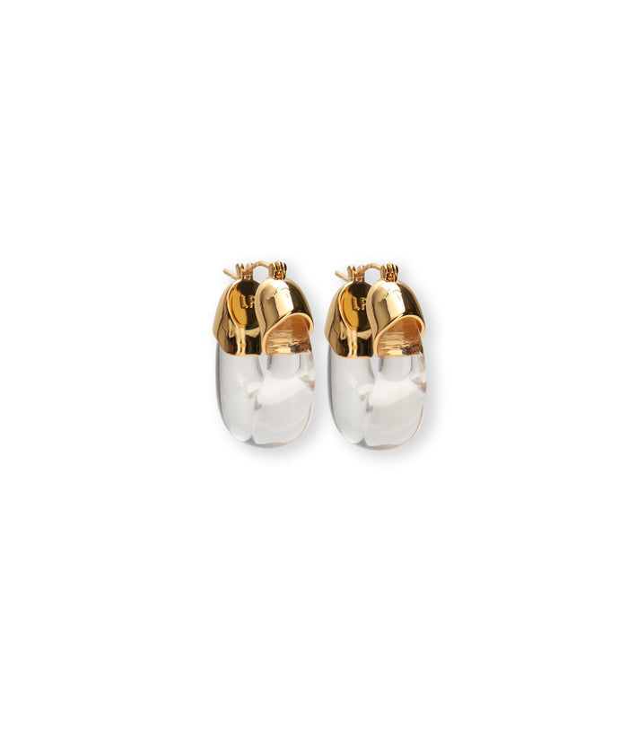 Mini Organic Hoops in Aqua. Hoop earrings with gold-plated brass and transparent resin.
