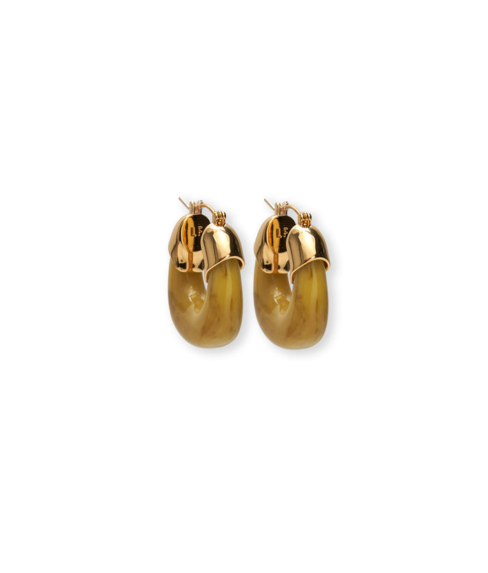 Mini Organic Hoops in Mixed Metal. Hoop earrings with gold-plated brass and warm yellow-brown-colored resin.