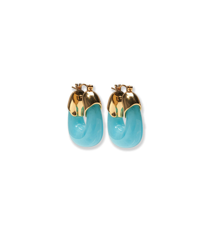 Mini Organic Hoops in Pool. Gold-plated brass and bright blue resin hoop earrings
