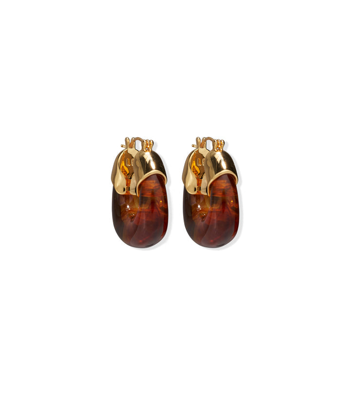 Mini Organic Hoops in Tortoise. Earrings with gold tops and marbled tortoise colored resin