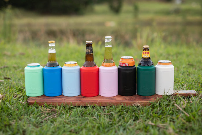 Eight neoprene drink coolers in assorted colors (mint, blue, light blue, red, pink, black, forest green, white)