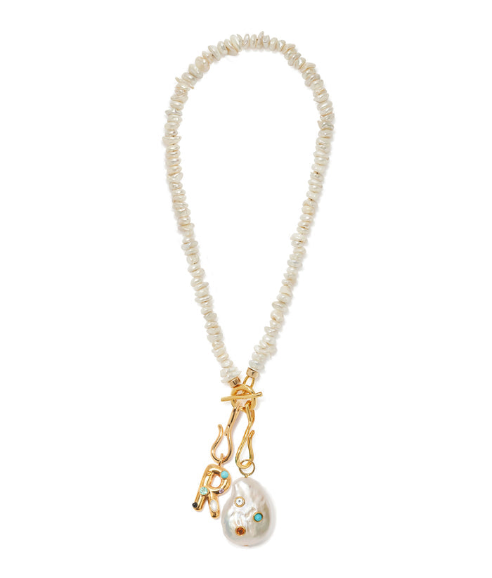 Mood Necklace in Pearl with Confetti Letter "R" and Rainbow Oasis charms attached.