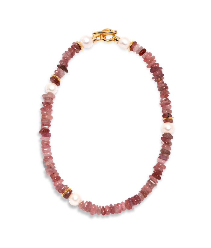Mood Necklace in Strawberry Quartz. Strawberry Quartz necklace with assorted pearls, gold plated brass, toggle closure.